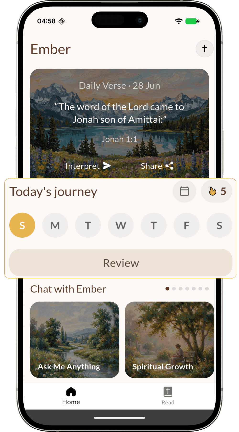 Ember home screen showing today's journey, a daily verse, and reading