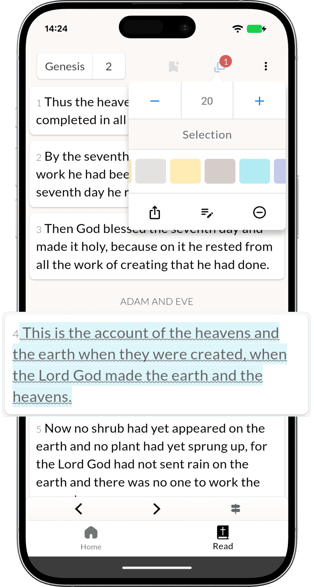 Ember Bible reader with a verse selected and a highlight popup