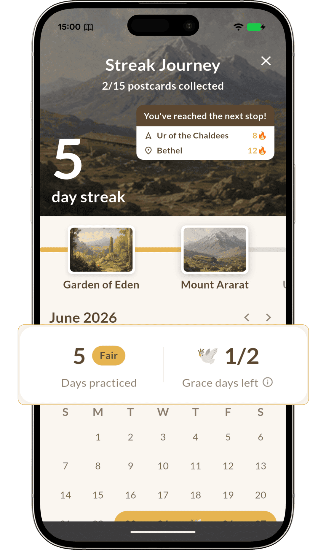 Ember Streak Journey screen with collected postcards, day streak, and grace days