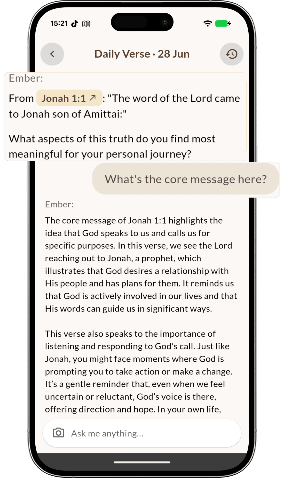Ember chat screen answering a question with cited scripture